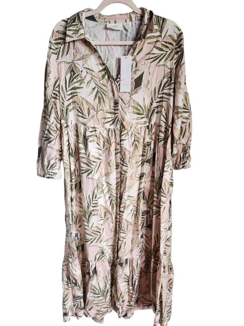 Calypso St Barth Maxi Dress Medium Beige Green Women's Linen Blend 3/4 Sleeve